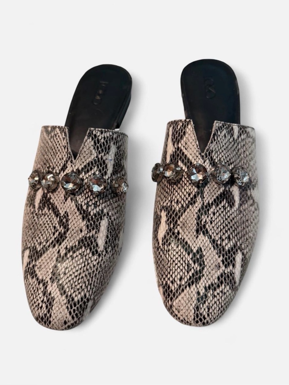 LOGO by Lori Goldstein Snake-Print Jeweled Slip-On Mules in Gray and Black